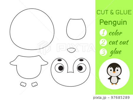 Color, cut and glue paper little penguin. Cut and paste crafts activity page. Educational game for preschool children. DIY worksheet. Kids logic game, puzzle. Vector stock illustration 97685289