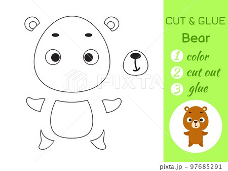 Color, cut and glue paper little bear. Cut and paste crafts activity page. Educational game for preschool children. DIY worksheet. Kids logic game, puzzle. Vector stock illustration 97685291