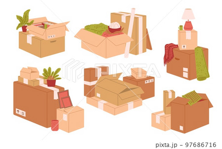 Set of cardboard box piles, flat vector illustration isolated on white background. Set of cardboard box piles, flat vector illustration isolated on white background. 97686716