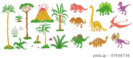 Jurassic and Mesozoic era icons set of dinosaurs and plants flat vector isolated. 97686736