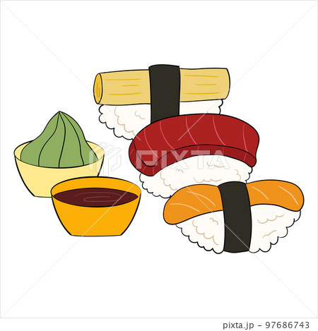 Sushi set with daikon, salmon, tuna and nori. vector illustration on a white background Sushi set with daikon, salmon, tuna and nori. vector illustration on a white background 97686743