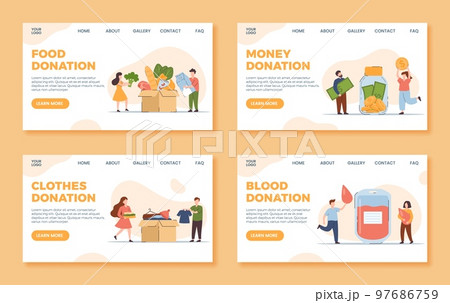 Donation and charity landing pages set, flat vector illustration. Donation and charity landing pages set, flat vector illustration. 97686759