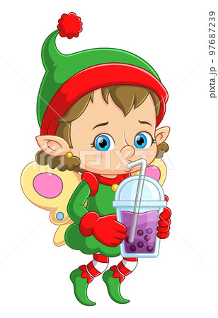 Cute elf holding bubble milk tea of illustration 97687239