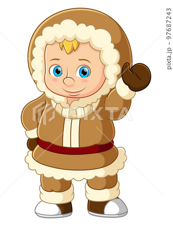Eskimo clothes. Happy little kids waving of illustration 97687243