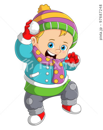 Cute boy dressed in winter warm clothes and playing snowball of illustration 97687248