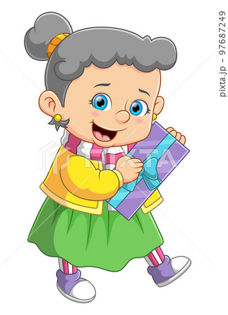 cute little girl kid holding big wrapped gift boxes of illustration 97687249