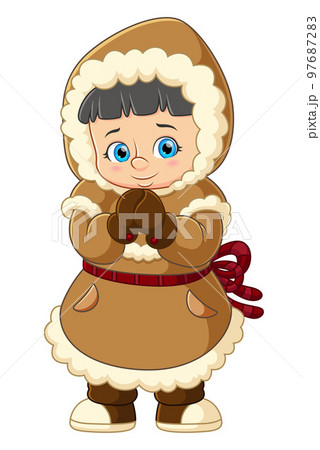 Happy Young eskimo girl teen dressed warm clothes of illustration 97687283