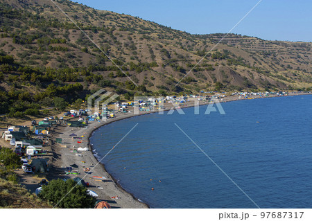 Camp on the sea coast. Top view Camp on the sea coast. Top view 97687317