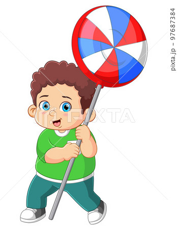A cute boy holding a big lollipop candy of illustration A cute boy holding a big lollipop candy of illustration 97687384