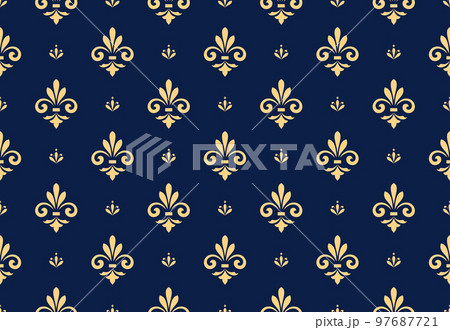 Flower geometric pattern. Seamless vector background. Gold and dark blue ornament with lilies Flower geometric pattern. Seamless vector background. Gold and dark blue ornament with lilies 97687721