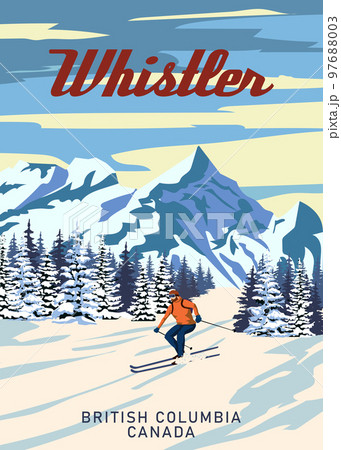 Whistler Travel Ski resort poster vintage.のイラスト素材