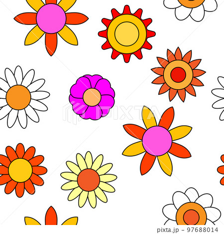 Groovy hippie flower seamless pattern. Colorful flowers trendy background retro trippy 70s style Groovy hippie flower seamless pattern. Colorful flowers trendy background retro trippy 70s style 97688014