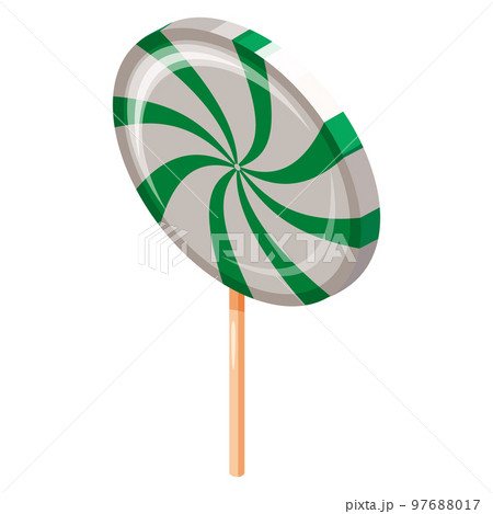 Lollipop Swirl Candy Spiral Isometric. Sweet spiral striped caramel, on stick, vector cartoon style 97688017