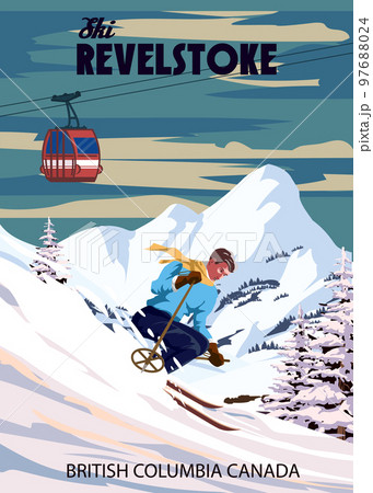 Travel poster Ski Revelstoke resort vintage....のイラスト素材