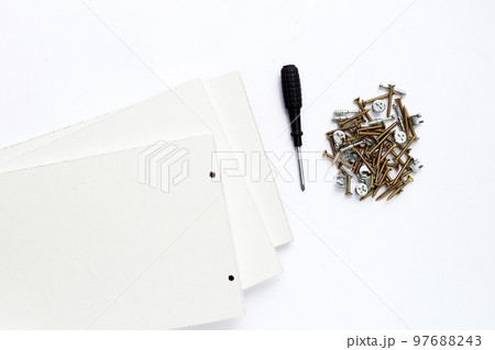 Tools for furniture assembly on white background. Copy space Tools for furniture assembly on white background. Copy space 97688243