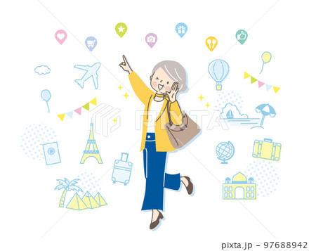 海外旅行するシニア女性のイメージイラスト素材 海外旅行するシニア女性のイメージイラスト素材 97688942