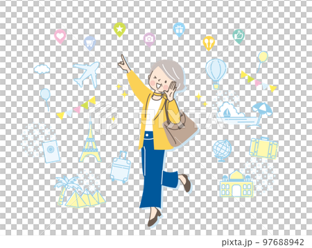 海外旅行するシニア女性のイメージイラスト素材 海外旅行するシニア女性のイメージイラスト素材 97688942