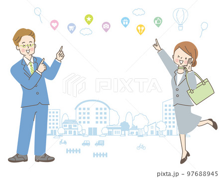 スーツ姿の男女と街並みのイラスト素材セット 97688945