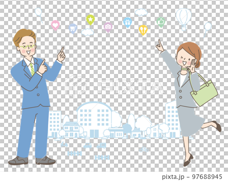 スーツ姿の男女と街並みのイラスト素材セット 97688945