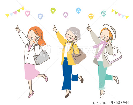 元気に指差しをする3人の女性達のイラスト 97688946