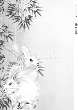 白兎と竹林の水墨画風イラスト 墨色 縦 他色有/高解像度画像有 97688968