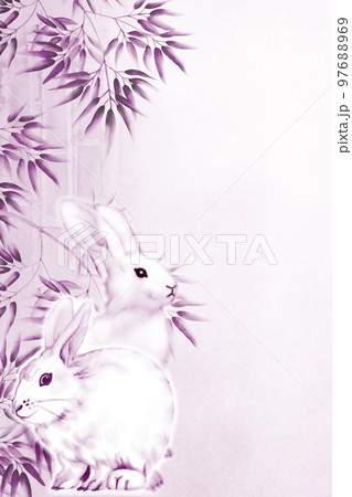 白兎と竹林の水墨画風イラスト 渋い桃色 縦 他色有/高解像度画像有 97688969