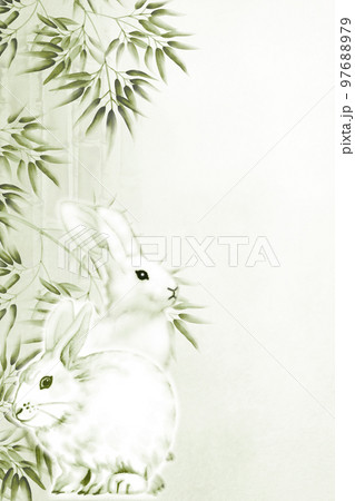 白兎と竹林の水墨画風イラスト 渋い黄緑色 縦 他色有/高解像度画像有 97688979