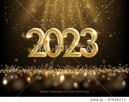 2023 Happy New Year greeting card vector illustration. 2023 golden numbers with gold falling confetti decoration and glow light effect, festive sparkle of tinsel texture in holiday design background. 97689213