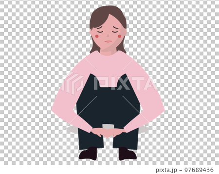 暗い表情の女性。悲しむ。座り込んで落ち込む 97689436