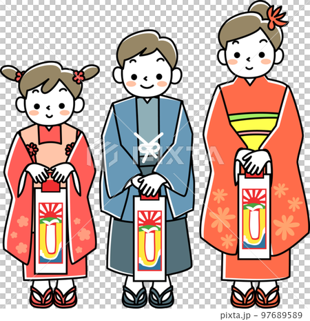 穿著七五三的和服，拿著千歲糖的少女和少年 97689589
