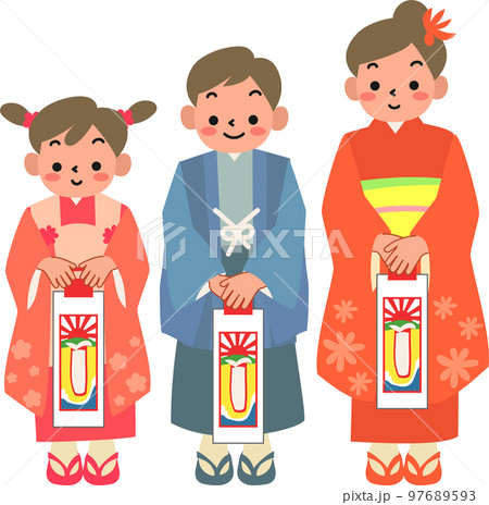七五三に着物を着て千歳飴を持つ女の子と男の子 97689593