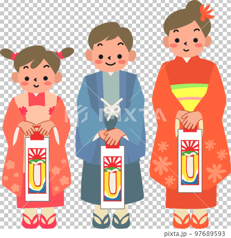 七五三に着物を着て千歳飴を持つ女の子と男の子 97689593