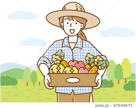 麦わら帽をかぶって野菜の箱を持つ若い女性 麦わら帽をかぶって野菜の箱を持つ若い女性 97689675
