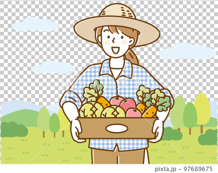 Young woman wearing a straw hat and holding a box of vegetables 97689675