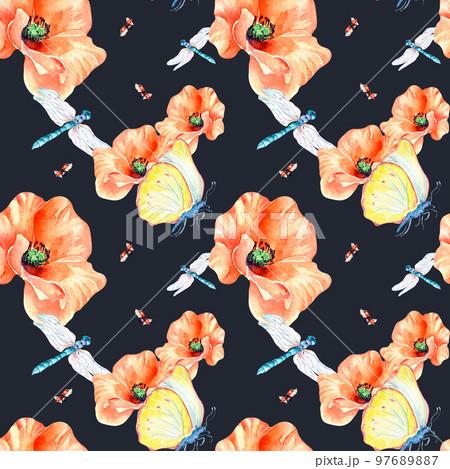 Meadow poppies with beetles watercolor seamless pattern on dark. 97689887