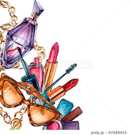 Fashion board with women accessories watercolor illustration isolated on white. Fashion board with women accessories watercolor illustration isolated on white. 97689903