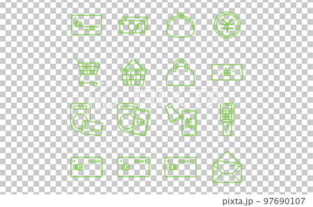 ショッピング関連の黄緑の線画アイコンセット 97690107