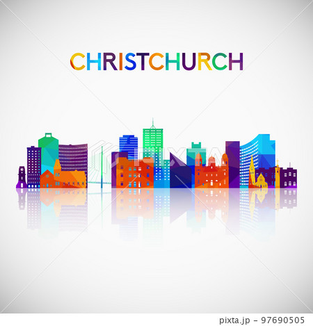 Christchurch skyline silhouette in colorful geometric style.  97690505