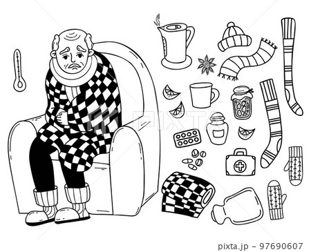 Collection doodles sickness and cold. Sick old pensioner, wrapped in blanket, sits in chair. Nearby are pills, heating pad, warm socks, scarf, jam and hot kettle. Vector isolated linear drawings Collection doodles sickness and cold. Sick old pensioner, wrapped in blanket, sits in chair. Nearby are pills, heating pad, warm socks, scarf, jam and hot kettle. Vector isolated linear drawings 97690607