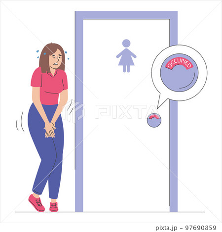 Woman standing at the closed toilet door 97690859