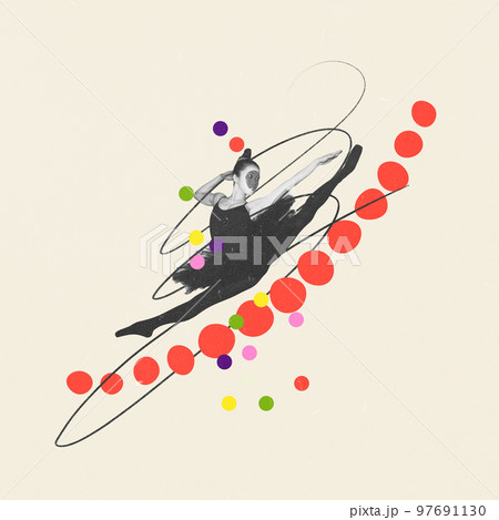 Creative art collage. Art performance. Young ballerina dancing over light background. Contemporary dance 97691130