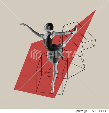 Creative art collage. Artistic young girl, ballet dancer performing, training over grey background with geometric drawn elements Creative art collage. Artistic young girl, ballet dancer performing, training over grey background with geometric drawn elements 97691141