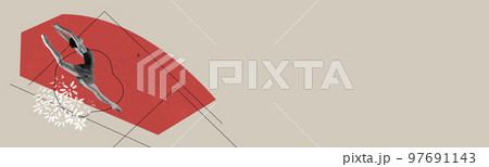 Creative art collage. Tender young ballerina performing over grey background with red element. Flyer image 97691143
