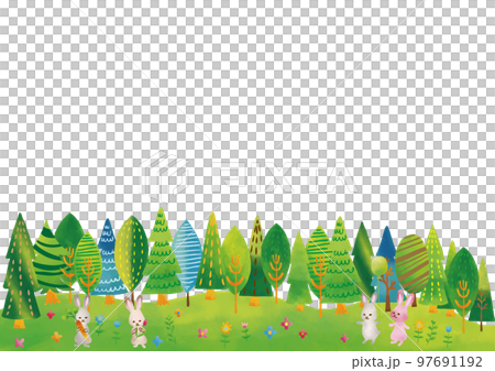 Scandinavian style rabbit, cute trees and hill frame 97691192