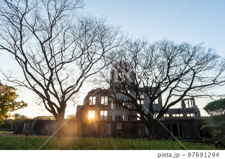 Backlit image of the atomic dome at sunset 97691294