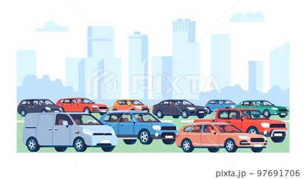 Traffic jam. Automobiles congestion. City transportation. Downtown skyscrapers. Urban landscape with vehicles and buildings. Cars on highway. Town road. Minivans and sedans. Vector concept Traffic jam. Automobiles congestion. City transportation. Downtown skyscrapers. Urban landscape with vehicles and buildings. Cars on highway. Town road. Minivans and sedans. Vector concept 97691706