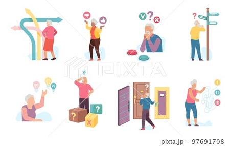 Thinking old people choose. Grandparents make path choices. Arrow pointers. Persons select ideas and buttons. Aged men and women decisions. Elderly dementia. Vector confused seniors set Thinking old people choose. Grandparents make path choices. Arrow pointers. Persons select ideas and buttons. Aged men and women decisions. Elderly dementia. Vector confused seniors set 97691708