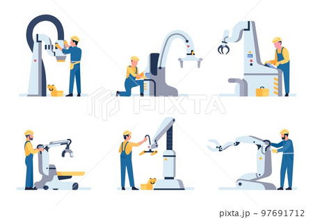Robotics experts make repairs. Conveyor belt equipment maintenance. Workman fixing assembly machine. Automated manufacturing. Industrial production repairman. Vector workers in uniform set Robotics experts make repairs. Conveyor belt equipment maintenance. Workman fixing assembly machine. Automated manufacturing. Industrial production repairman. Vector workers in uniform set 97691712
