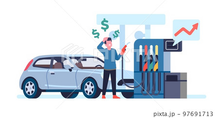 Rising gasoline prices. Petroleum cost growth. Expensive fossil fuel. Man at gas station. Person with refueling car nozzle. Increase finance value. Automobile refill. Vector concept 97691713