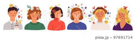 Positive thinking people. Young guys and girls. Smiling faces. Shoulder portraits. Nice peaceful symbols around heads. Flowers and sparks. Emotion expressions. Happy mood. Garish vector set 97691714